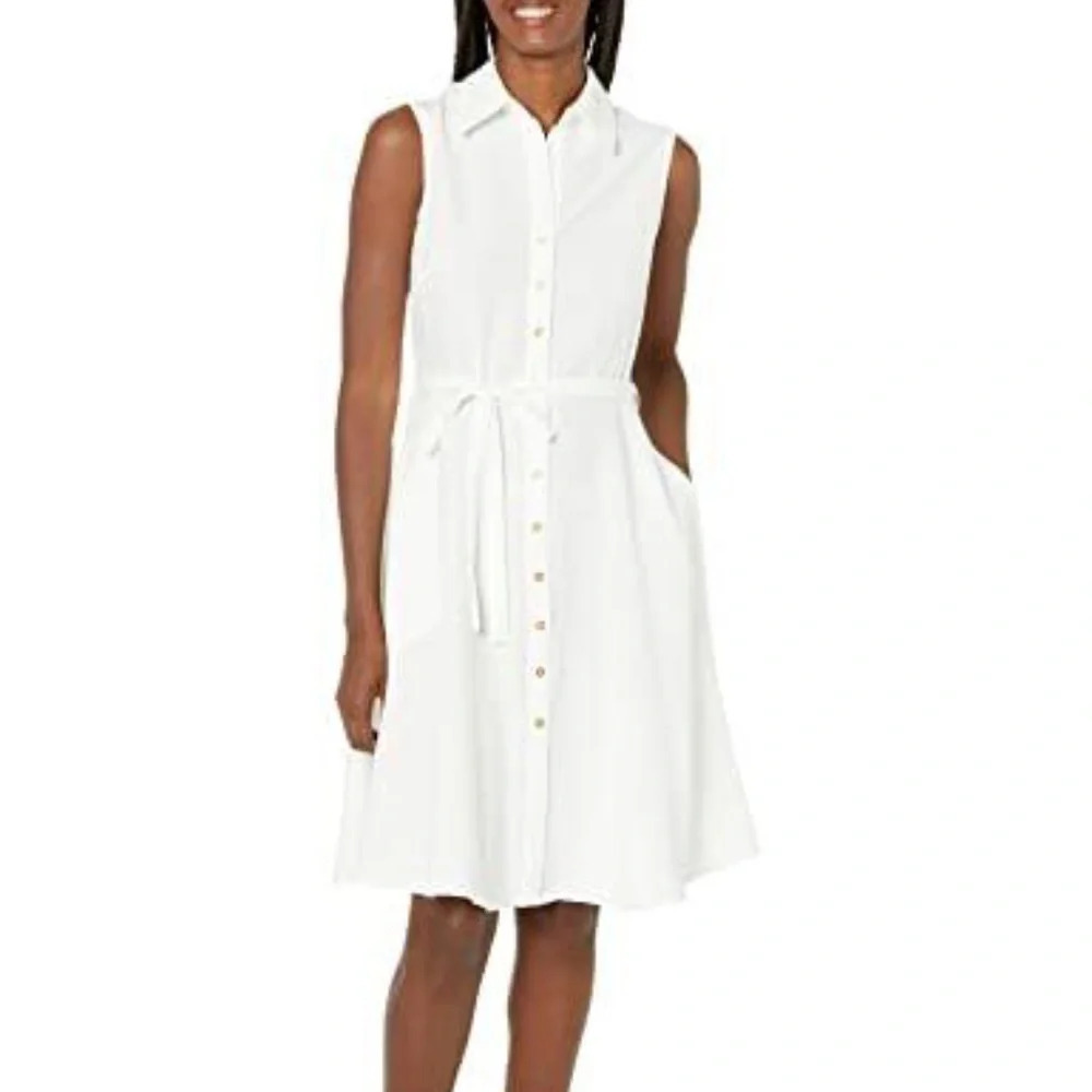Sharagano NEW Optic White Preppy Coastal Tie Waist Button Front Midi Dress Sz. 6